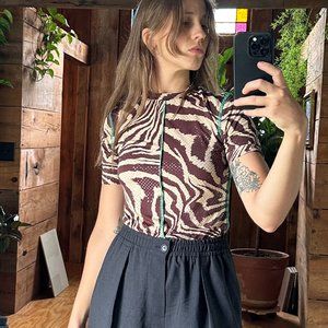 GANNI Zebra Print Brown Sequin Foil Jersey T-Shirt